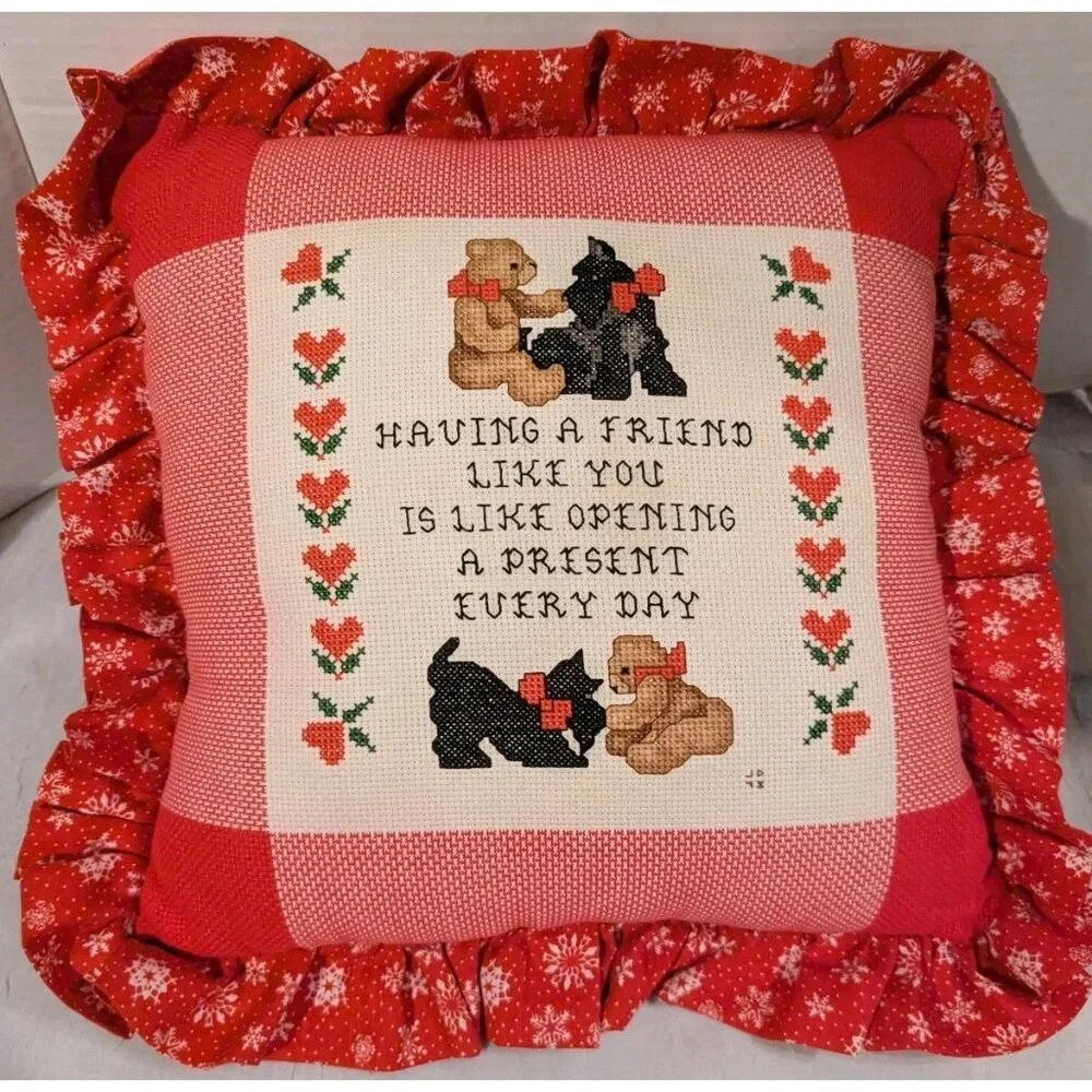 Handmade Pillow Scottie Dog Cross Stitch Bear Friend Throw Accent GrannyCore Vtg